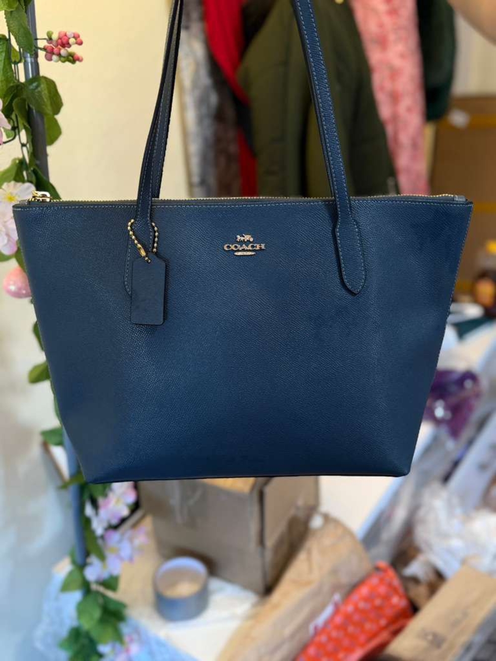 Coach Dark Navy Pebbled Leather Tote with Gold Hardware